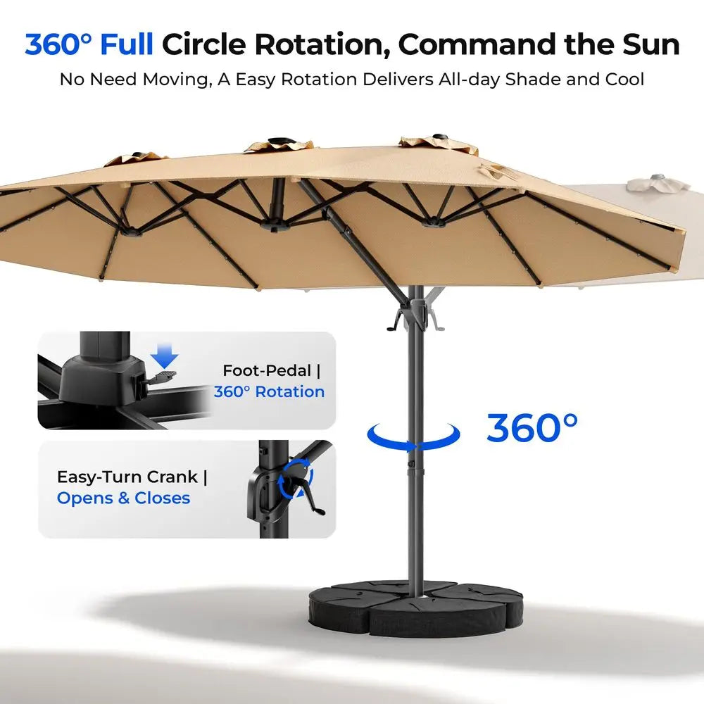 15FT Cantilever DoubleSided Umbrella with Solar Light and Base, Rectangle Oversized Offset Patio Umbrellas, Extra Large Outdoor