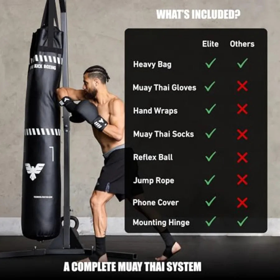 Muay Thai training: 6 ft tall heavy bag set for kickboxing and MMA unfilled 100 lbs canvas bag with black gloves and white hand