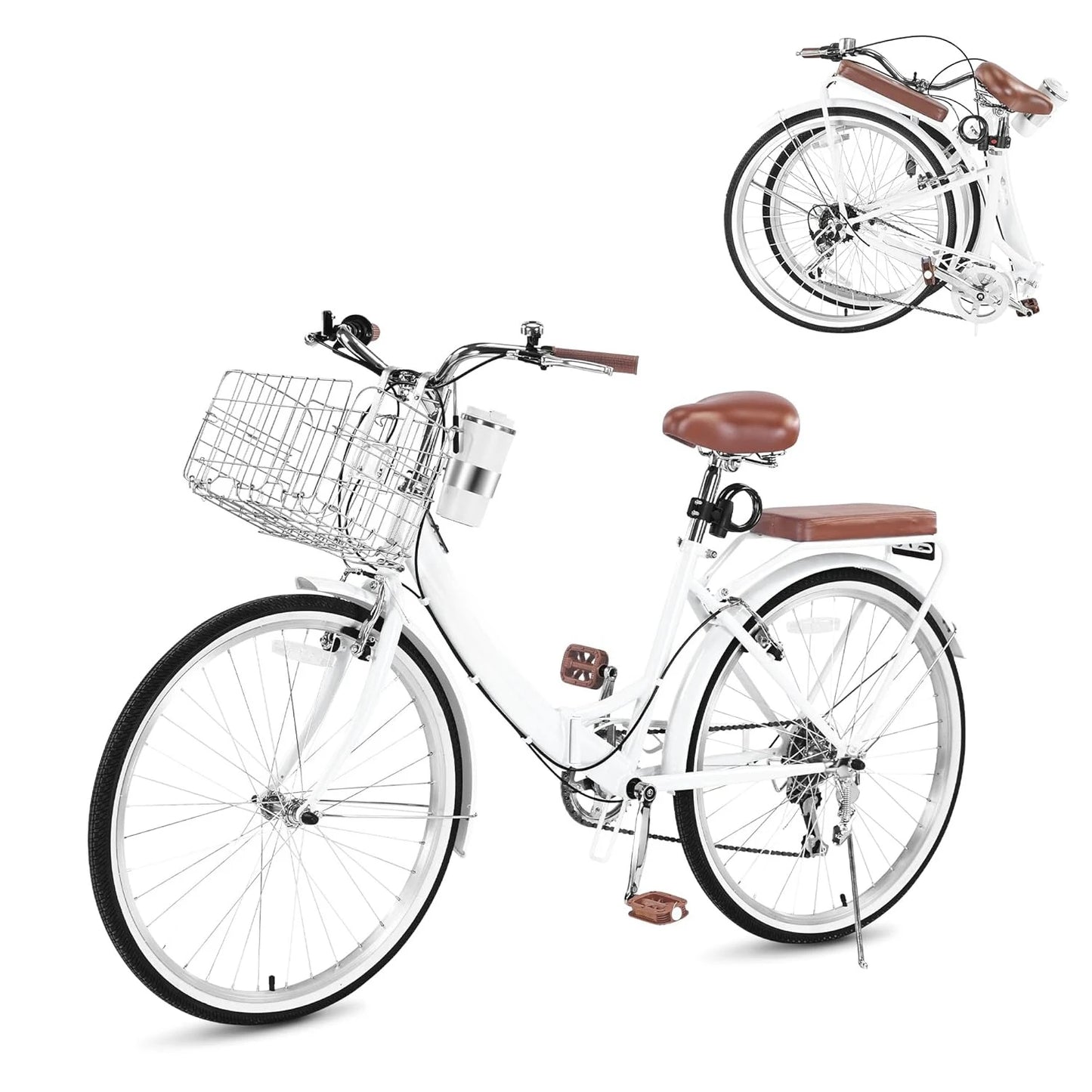 Beach Cruiser Bike for Women Folding Bikes, 7-Speed Womens Bike with Basket and Coffee Cup, Customized