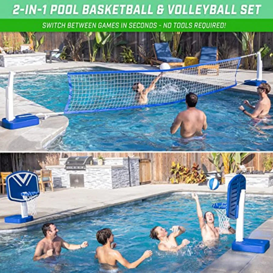 Splash Hoop 2-in-1 Full Court Pool Basketball Volleyball Game Set Durable Vinyl Material Blue and White Color Quick Setup and P