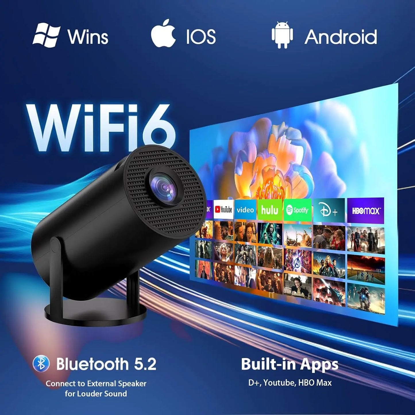 Smart WiFi Bluetooth Projector, 4K FHD Support, Auto Keystone, Compatible with HDMI/Laptop/TV Stick