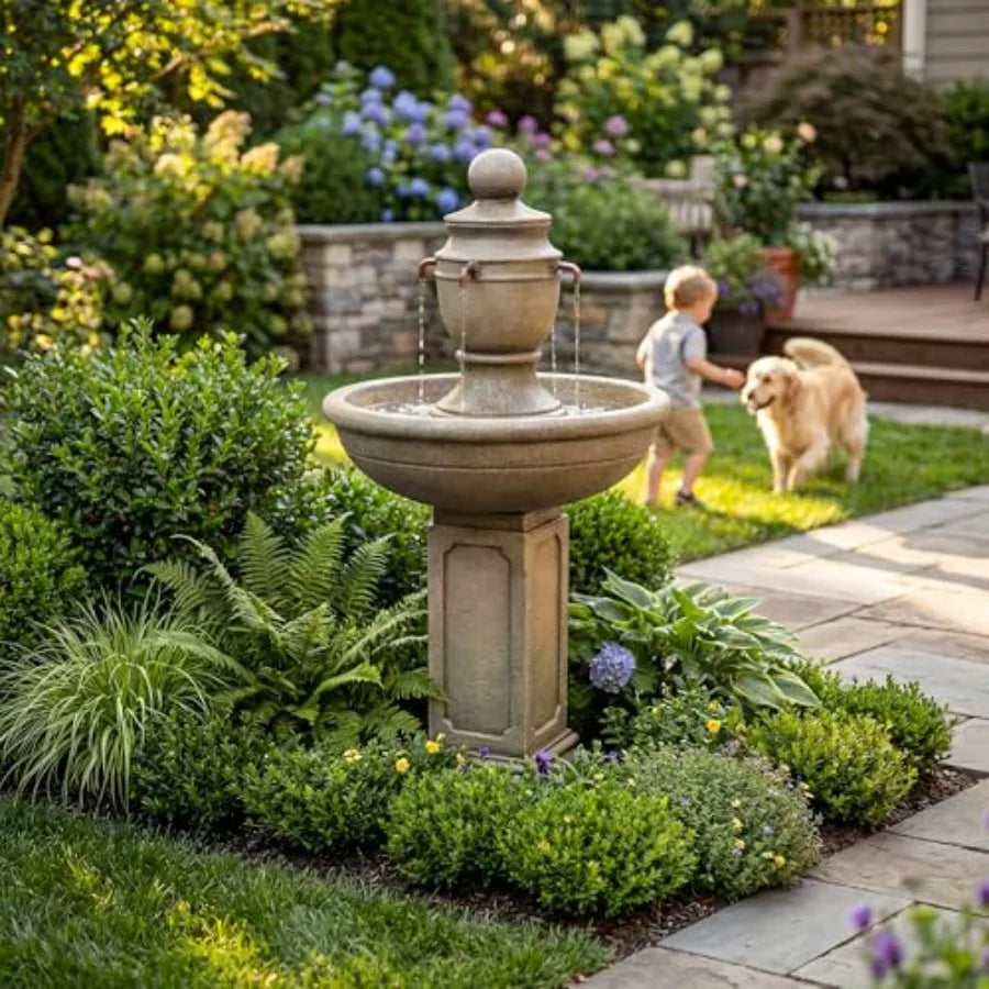 35-Inch Outdoor Water Fountain 2-Tier Modern Italian Floor Standing Resin Waterfall Fountain with Warm Light in Brown for Garde