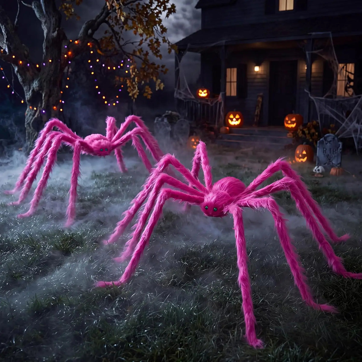 2 Pack 5 Ft Hairy Pink Spider Halloween Outdoor Decorations Scary Giant Spider Fake Large Haunted House Props Halloween Yard Lawn Decorations Party Indoor Decor