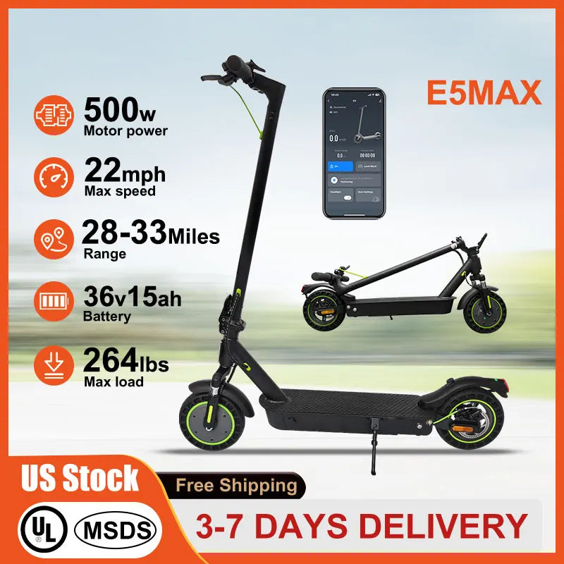 10" Tires Folding Electric Scooter Adult 22mph 500w 15ah Dual Shock Absorber Escooter Electric Skateboard With App E5max