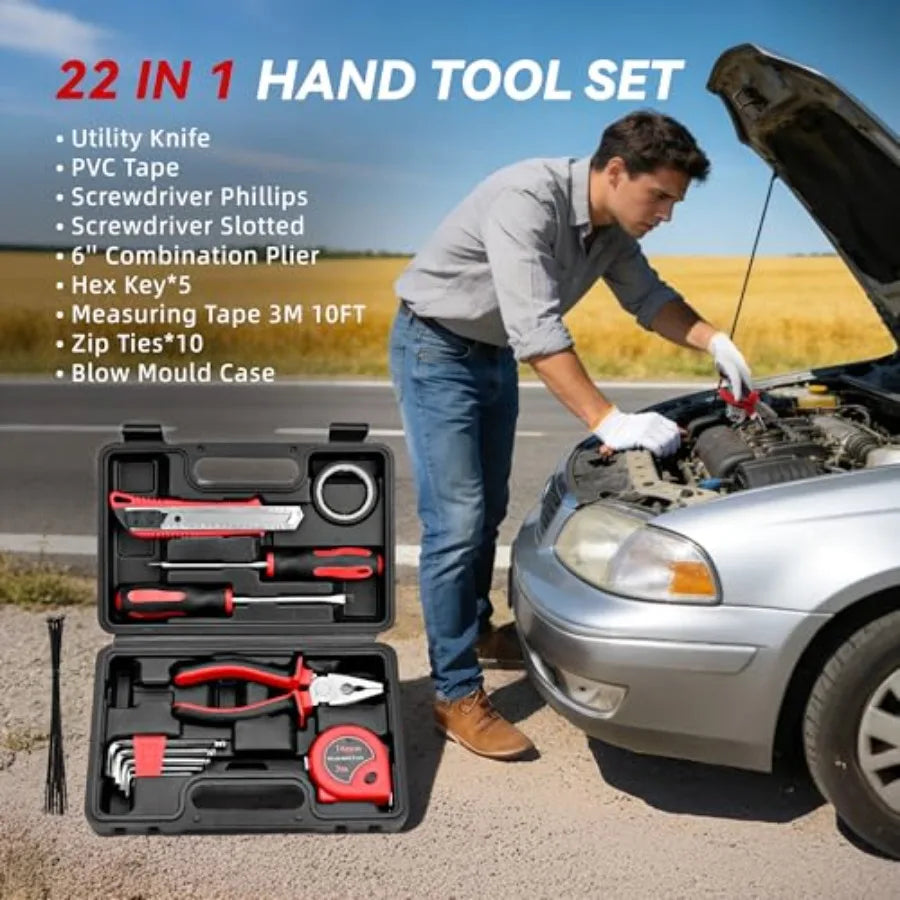 Car Emergency Safety Kit Bag with Portable Air Compressor Jumper Cables First Aid Kit Winter Vehicle Roadside Emergency Kit wit