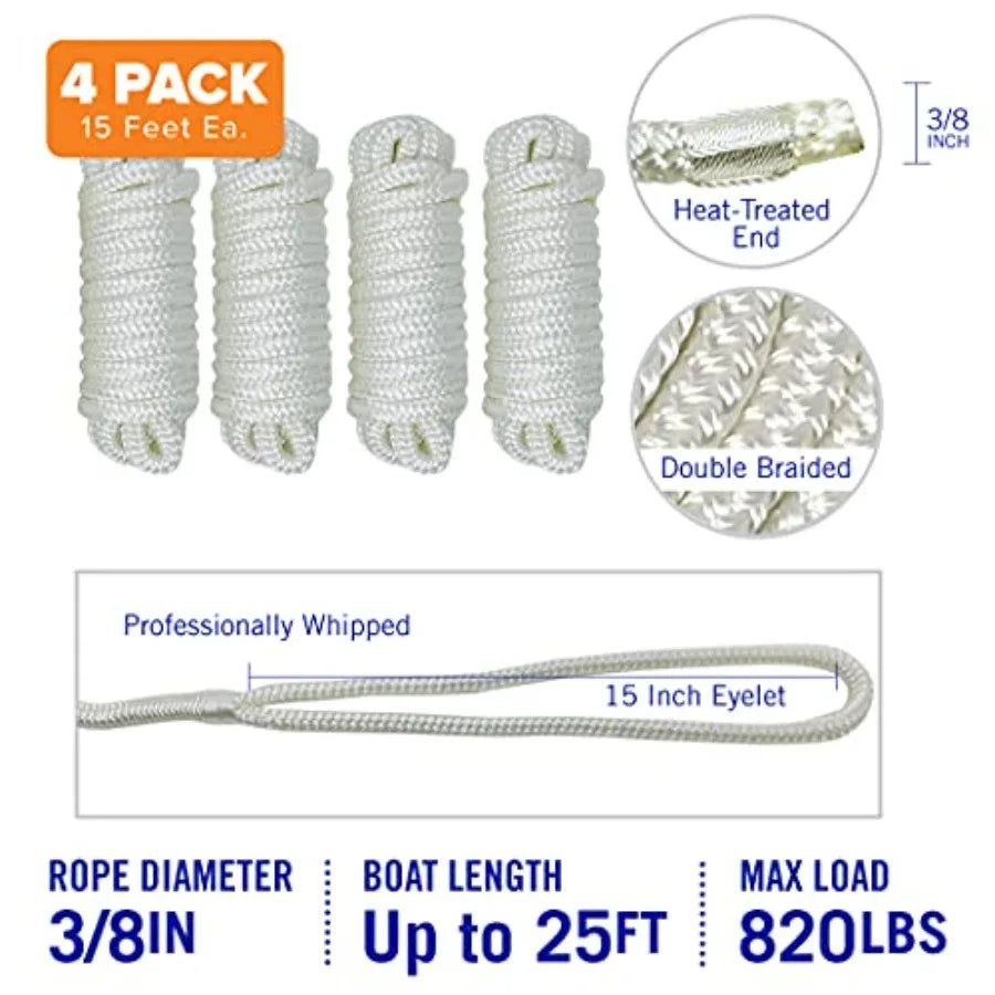Dock Lines for Boats 4 Pack Double Braided Nylon Boat Rope with 12" Loop Marine Grade Mooring Line for Docking White