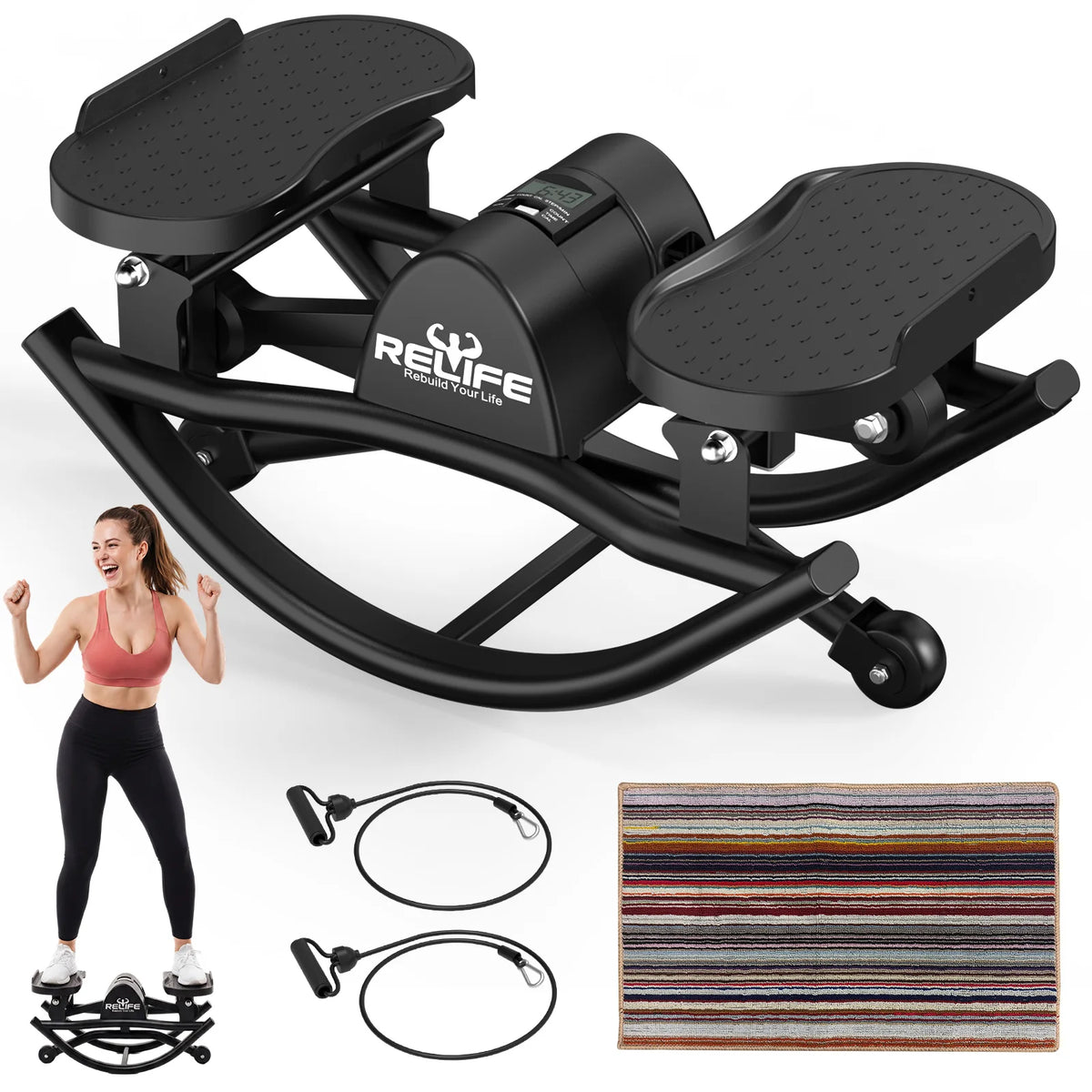 Relife 3D Lateral Rocking Stepper with Resistance Bands, Low-Impact Full-Body Workout Machine, 330LB Capacity Joint-Friendly Home Fitness Equipment with LCD Monitor, Compact Quiet Stepper for Hips, Legs & Core Training