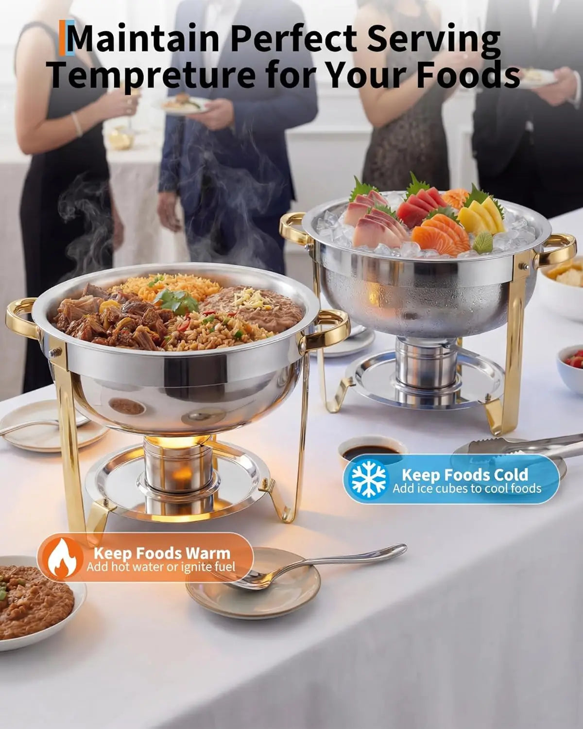 2/4-Pack Round Chafing Dish Food Warmer Stainless Steel Buffet Server with Transparent Lid Fuel Holder Gold Chafer for Wedding