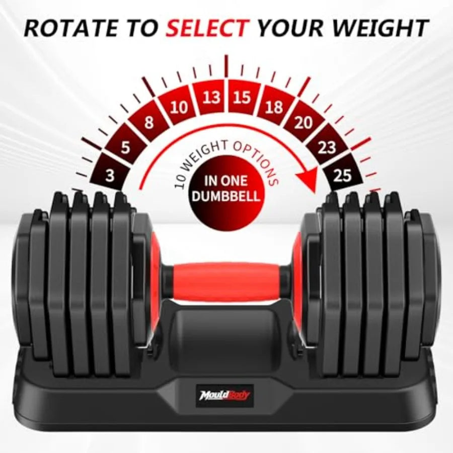 Adjustable Dumbbell Set Pair 25 lb or 50lb, 10-in-1 Free Weight for home gym use, steel construction, black with chrome accents