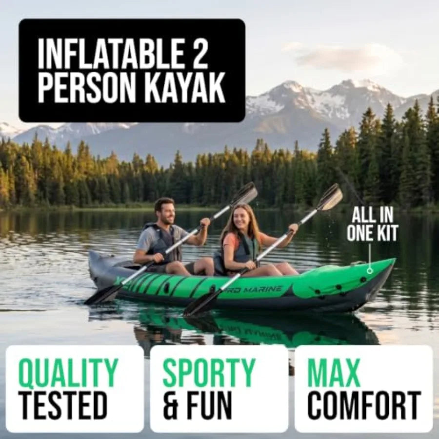 Inflatable Tandem Kayak Set For Outdoor Water Sports, PVC Material, Blue And Gray, Includes Seats Paddles Pump And Carry Bag