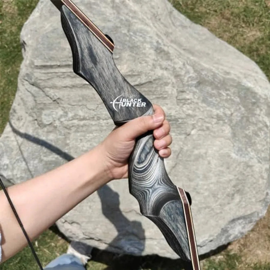 Archery hunting and target practice: black recurve bow with bamboo core limbs, 60-inch takedown design for durability and porta