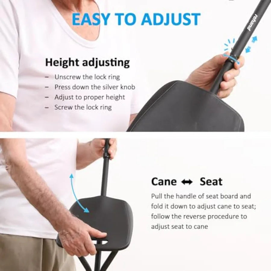 Walking Cane with SeatLightweight Foldable Adjustable Collapsible Canes with Stool for Men and Women Heavy Duty All Terrain Tip