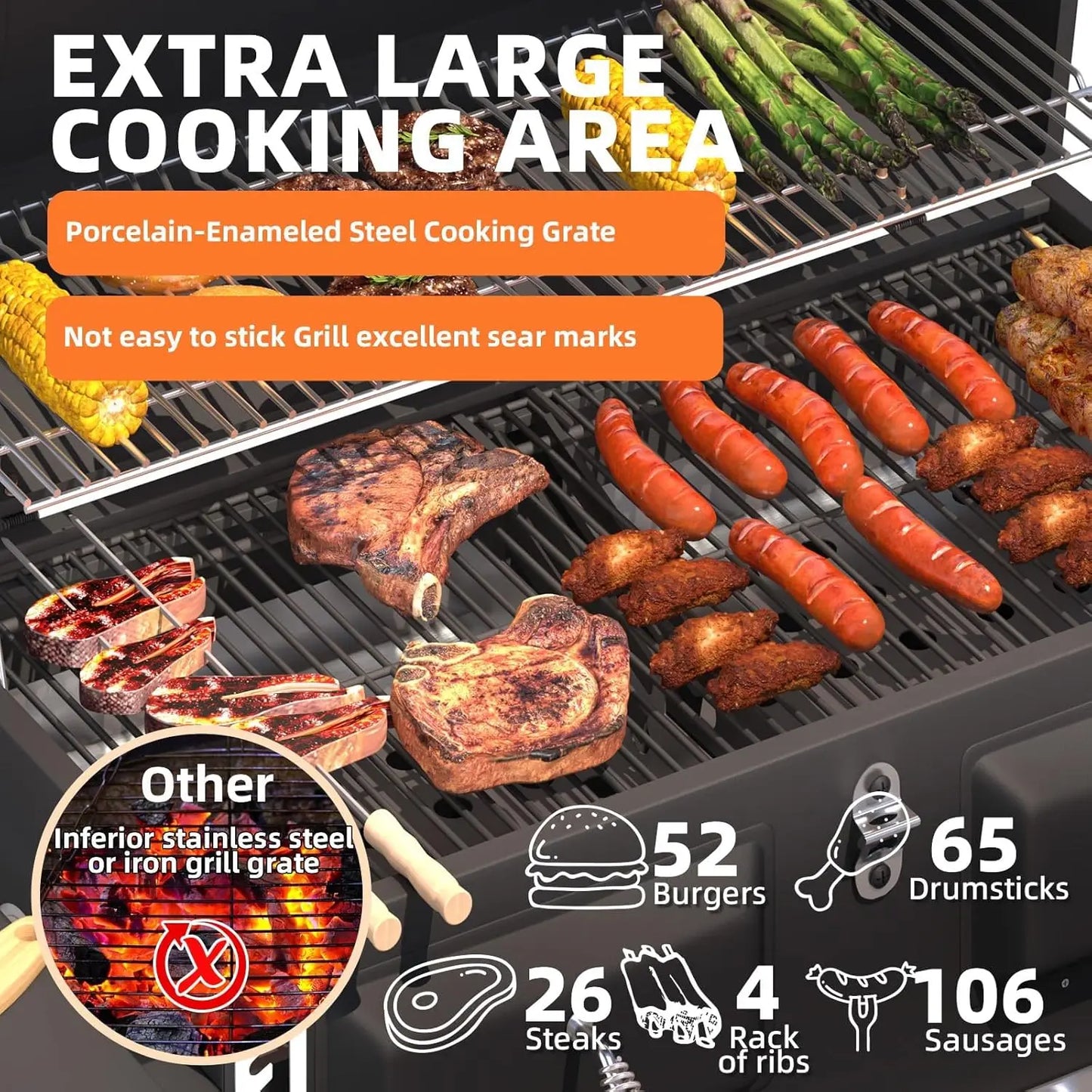 36 In Large Charcoal Grills - 620 Sq.In Oversized BBQ Area with Storage Cabinet & Individual Lifting Charcoal, Customized