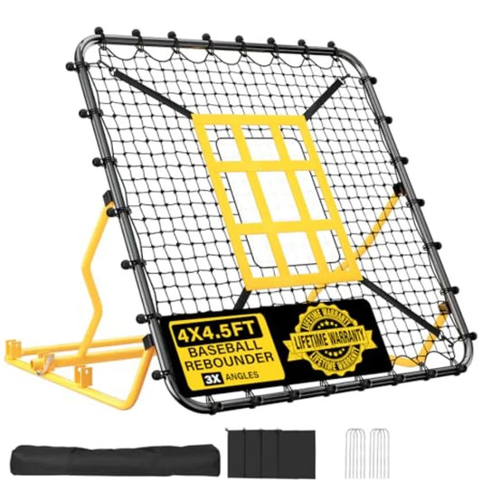 Baseball Rebounder Net 4x4.5FT Pitch Back Trainer with Strike Zone and 9-Grid Target for Baseball Softball Soccer Volleyball La