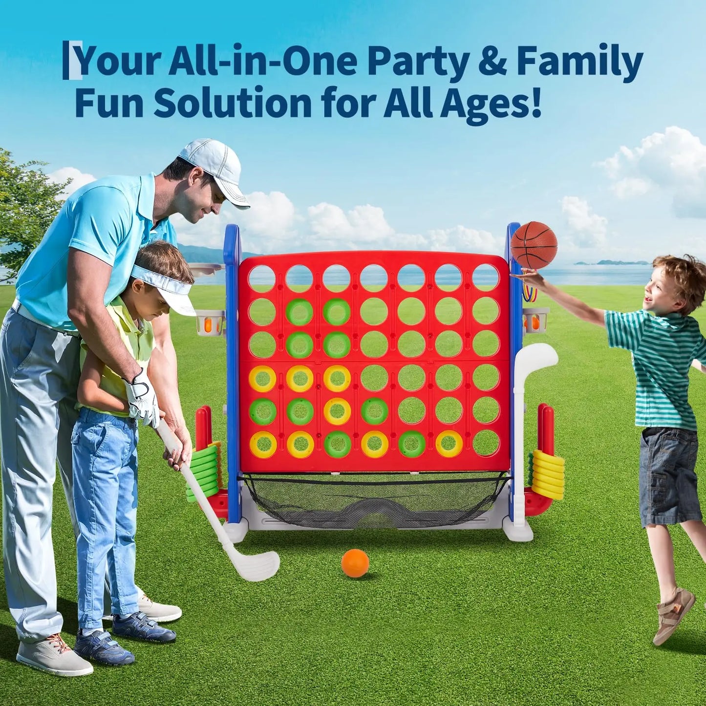 Giant 4 In A Row Game Set 4-in-1 Jumbo Yard Game With Basketball Hoop Ring Toss Adjustable Height Outdoor Family Party Toy