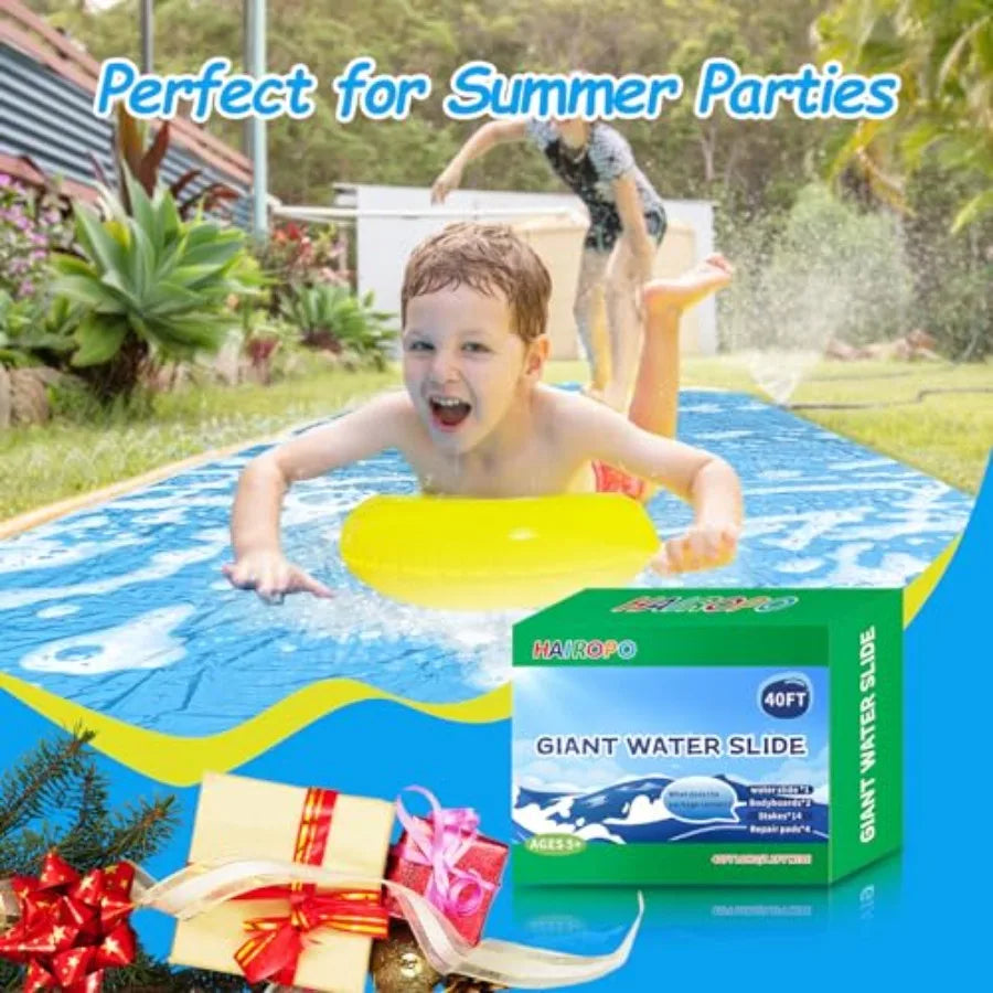 Backyard water slide for kids and adults, heavy-duty PVC, blue and yellow, 40FT giant slip-and-slide with 14 stakes and 2 infla