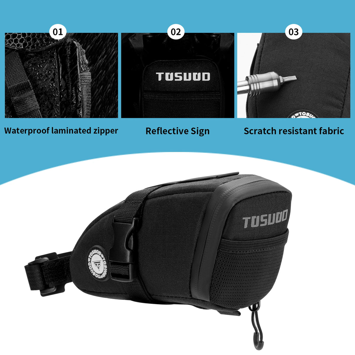 TOSUOD Bicycle Saddle Bag With Waterproof Taped Zipper Bike Tail Bag Portable Reflective Mini Cycling Storage Bag Easy Installation With Velcro Design Bike Accessories