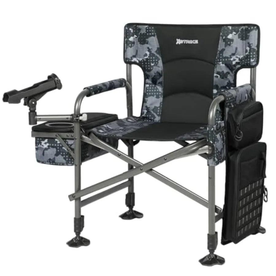 Outdoor fishing chair with rod holder, folding ice fishing chair for adults, aluminum frame, black, adjustable legs, includes c