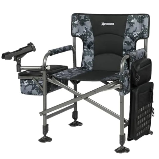 Outdoor fishing chair with rod holder, folding ice fishing chair for adults, aluminum frame, black, adjustable legs, includes c