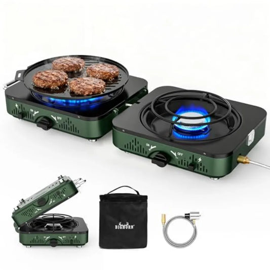 2 Burner Propane Camping Stove Portable Foldable Gas Stove with Frying Pan and Carry Bag for Outdoor Cooking Emergency Use Blac
