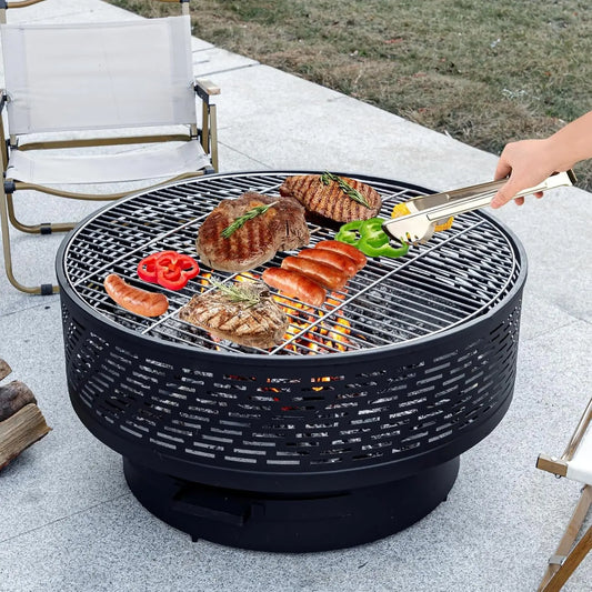 32" Wood Burning Fire Pits with Grill & Lid, Fire Pit Table for Outside with Waterproof Cover & Fire Poker,Table and Bonfire