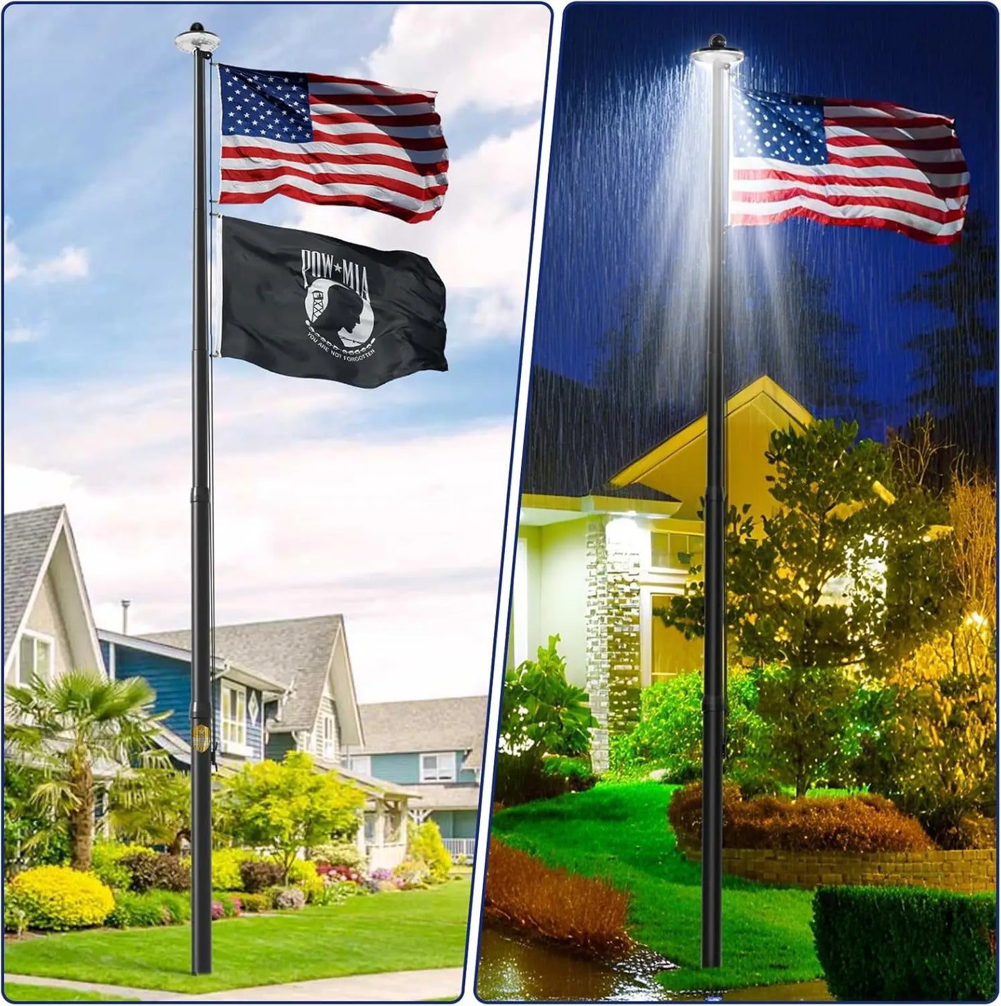 25FT Heavy Duty Flag Pole Kit with Wind-Resistant Tapered Design, Large Bottom Tube, Solar Light, USA Flag – Complete Set