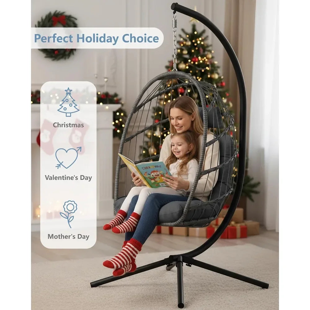 Indoor Outdoor Wicker Egg Chair with Stand Hanging Swing Chair with Cushion 350 Lbs Capacity for Patio Customized