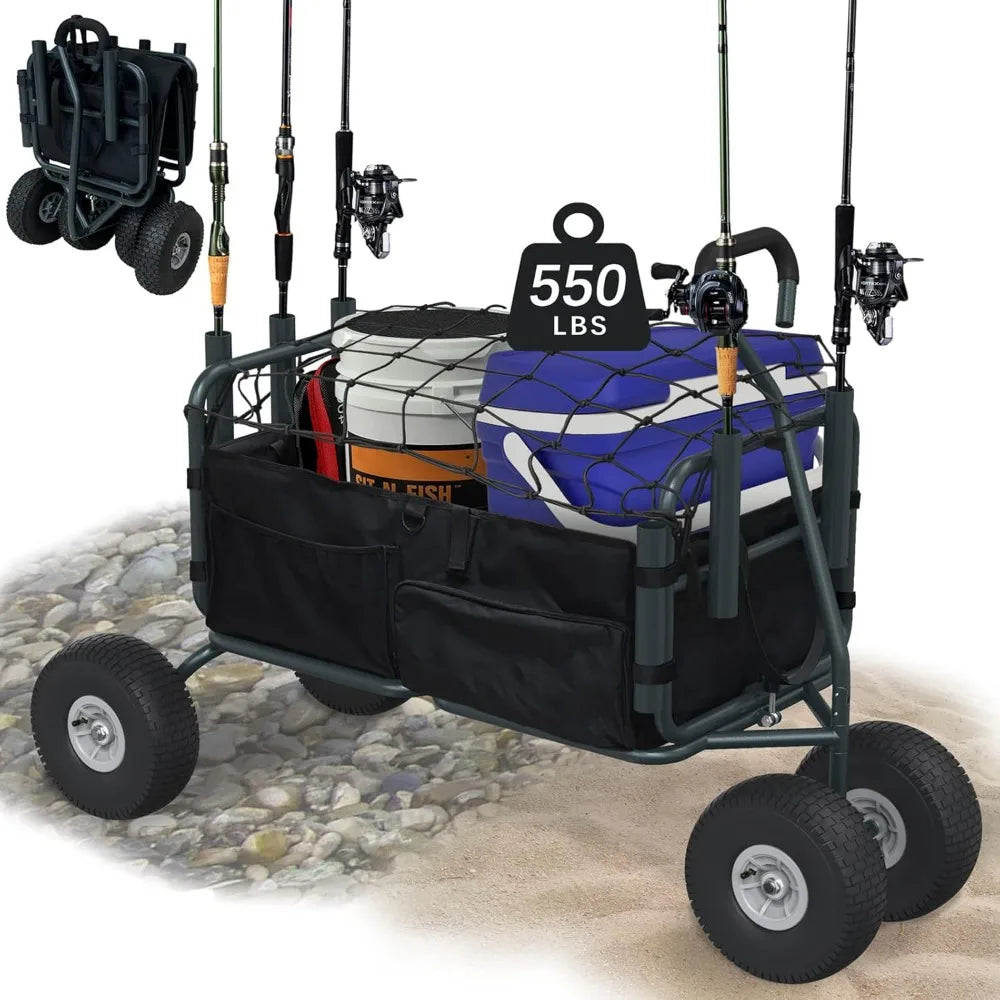 Heavy-duty Folding Handcart/fishing Trolley/ATV with Large Wheels and Fishing Rod Holder