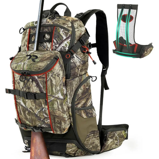 TR Hunting Backpack 3400cuWaterproof Hunting Pack with Rifle Holder Internal Frame Rain Cover Camo Hunting Daypack for Rifle Bo