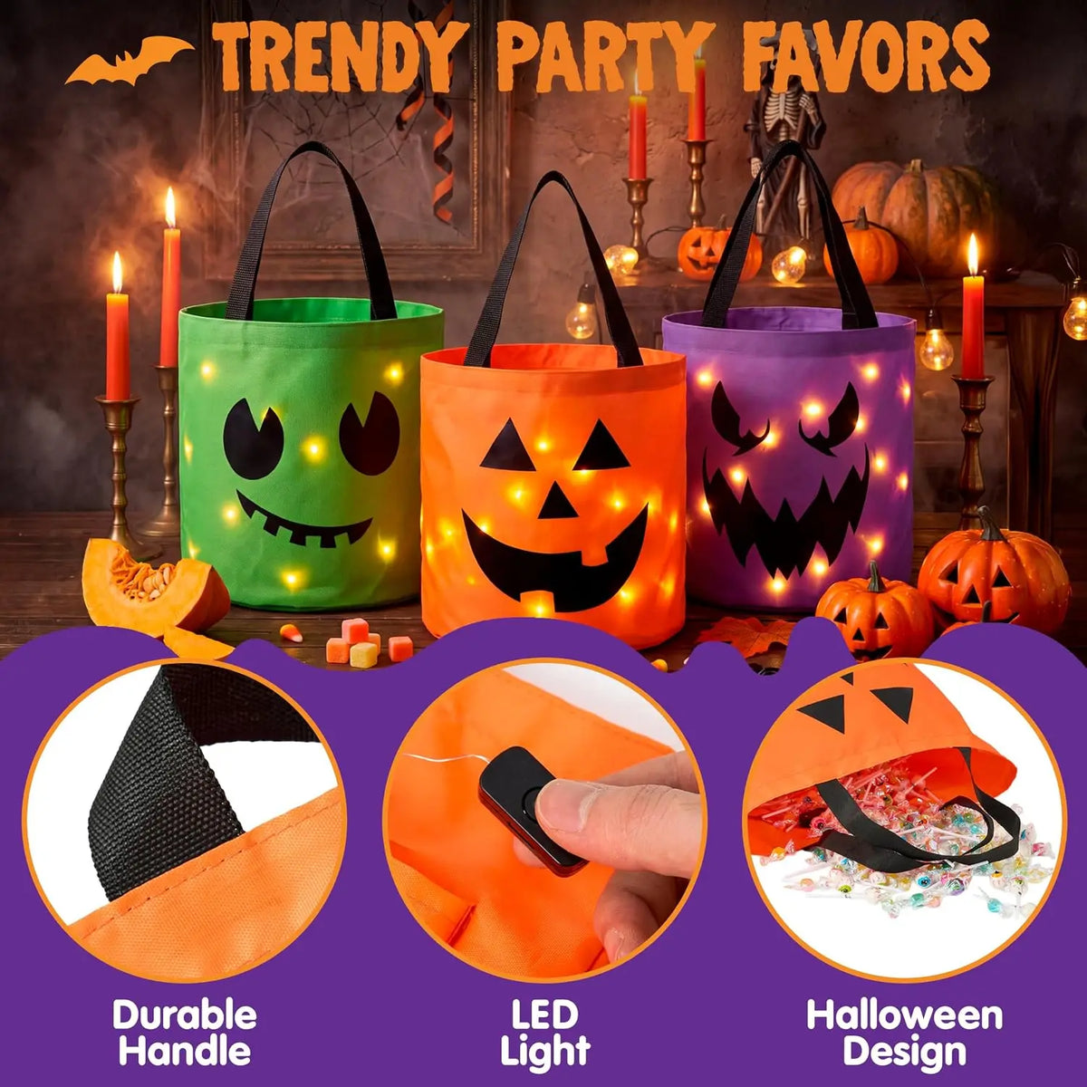 3 PCS Light Up Halloween Pumpkin Bucket 10 x 11.8 in LED Trick or Treat Bucket Orange Green Purple Reusable Goody Candy Bucket Bags for Kids Trick or Treating Party Favor Supplies