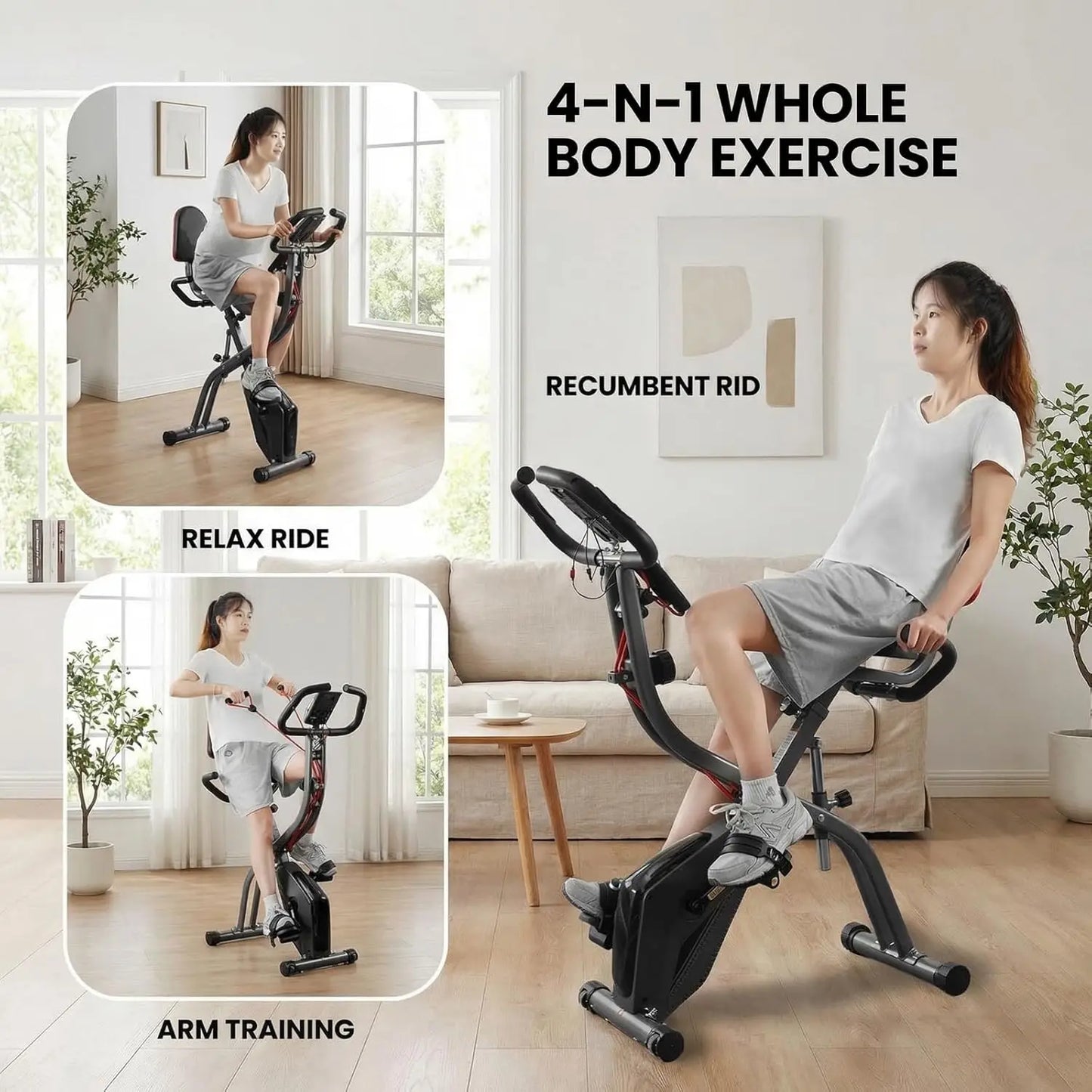 4-in-1 Foldable Exercise Bike with Magnetic Resistance, LCD Monitor, and Arm Bands for Home Workouts