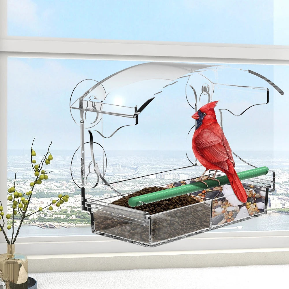 Window Bird Feeder Window Bird Bait Box with 4 Suction Cups Acrylic Window Birdhouse with Rod Wild Bird Feeder for Outdoors