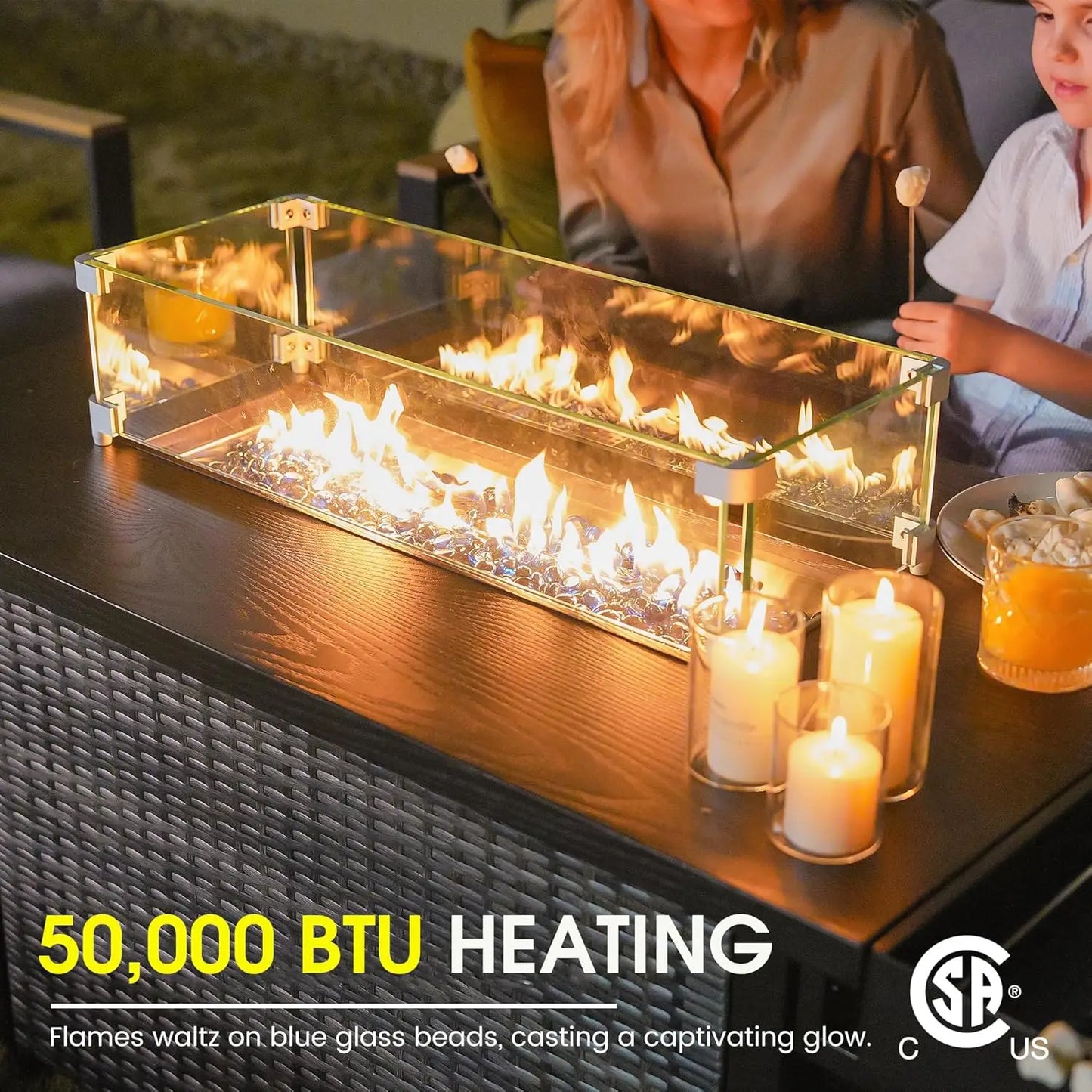 Outdoor 52 Inch Outdoor Fire Pit Table, 50,000 BTU Propane Fire Pits with Storage Shelf, Wicker Patio Gas Fire Pit