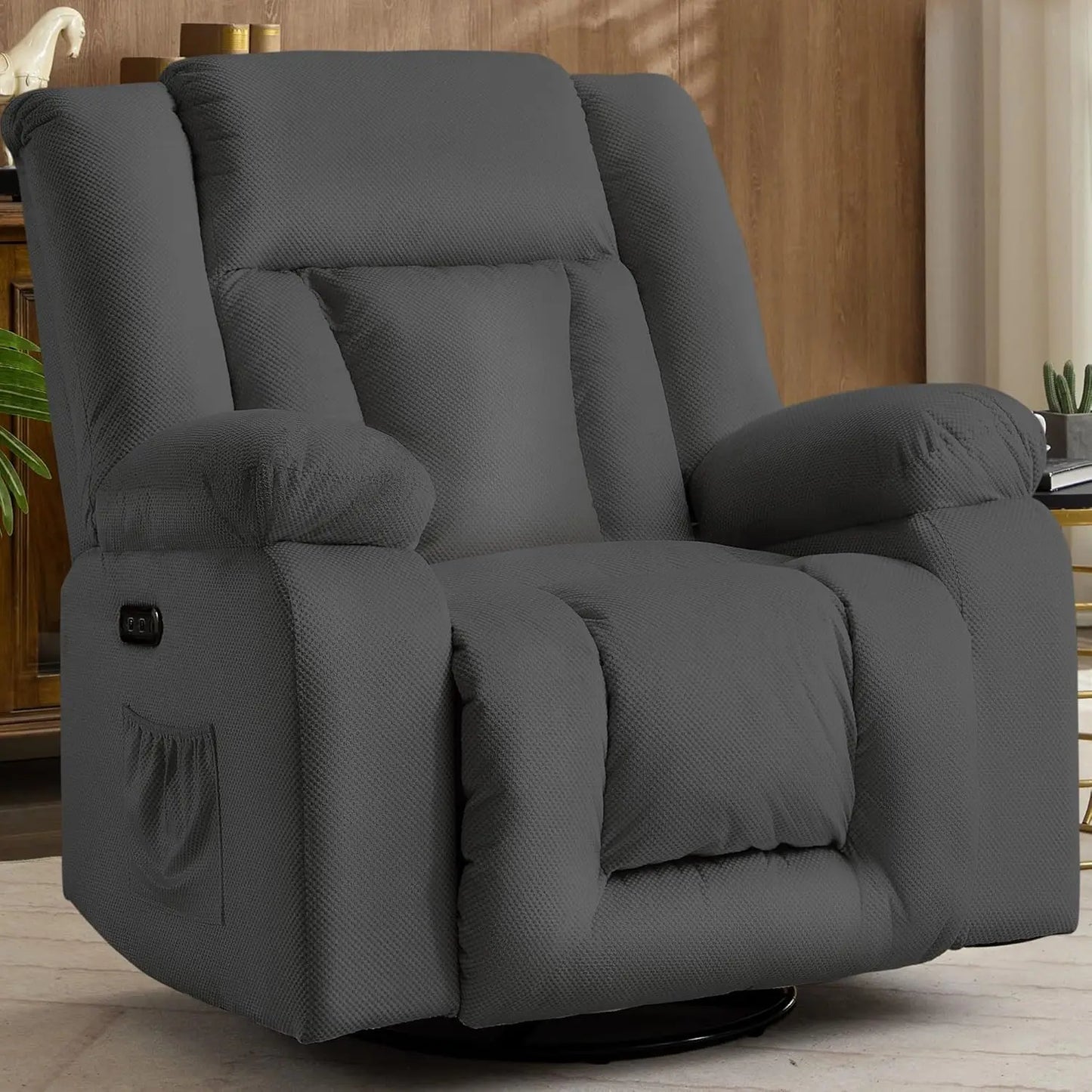 Oversized Power Recliner Chair,Electric Glider Reclining with Massage and Heating,Waffle Fabric Rocker Recliner with Side Pocket