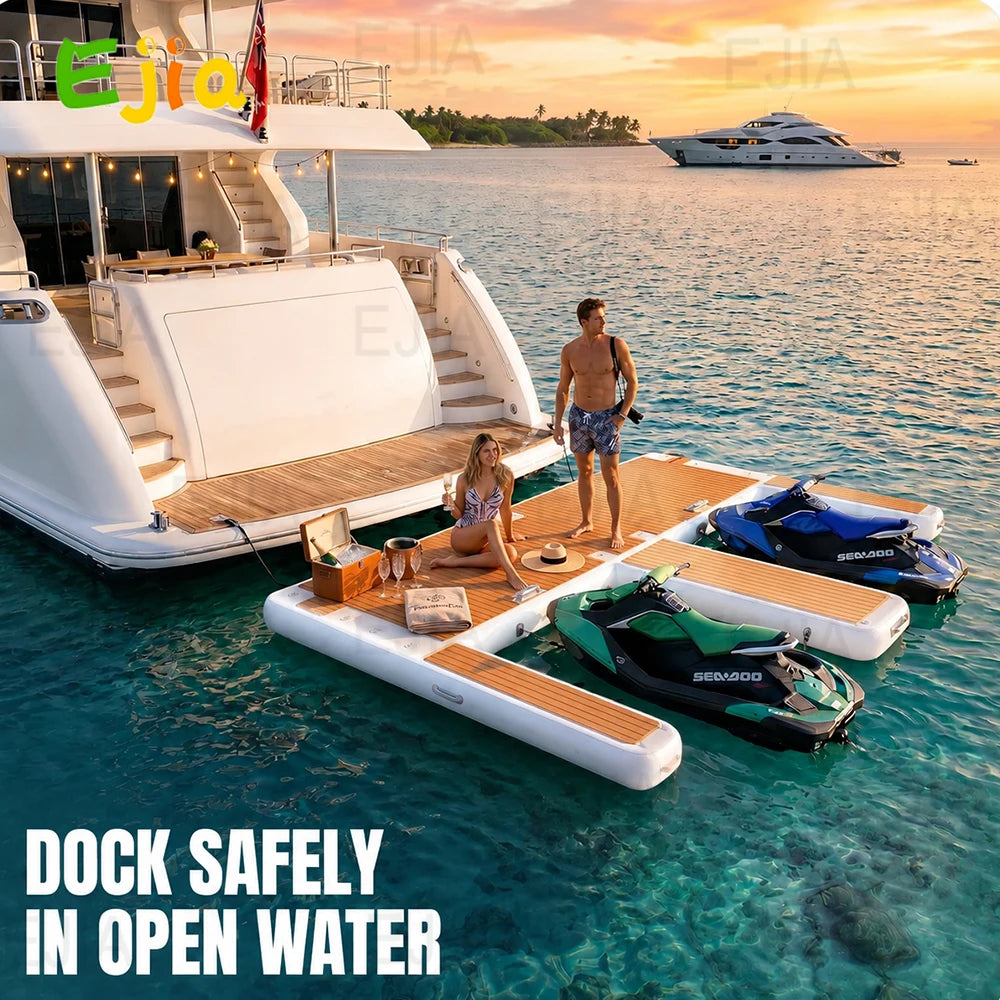Inflatable Jet Ski Dock 13x10ft, E-Shaped Floating Platform, Thick PVC with Non-Slip EVA Deck for Boat, Ocean & Lake Use