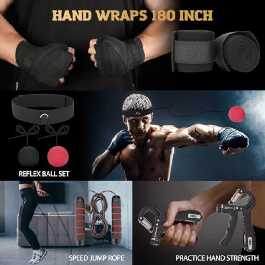 Punching Bag for Adults 4ft PU Leather Black 6 in 1 Heavy Boxing Bag Set with 12oz Gloves Hand Wraps Hanging Kit for MMA Karate