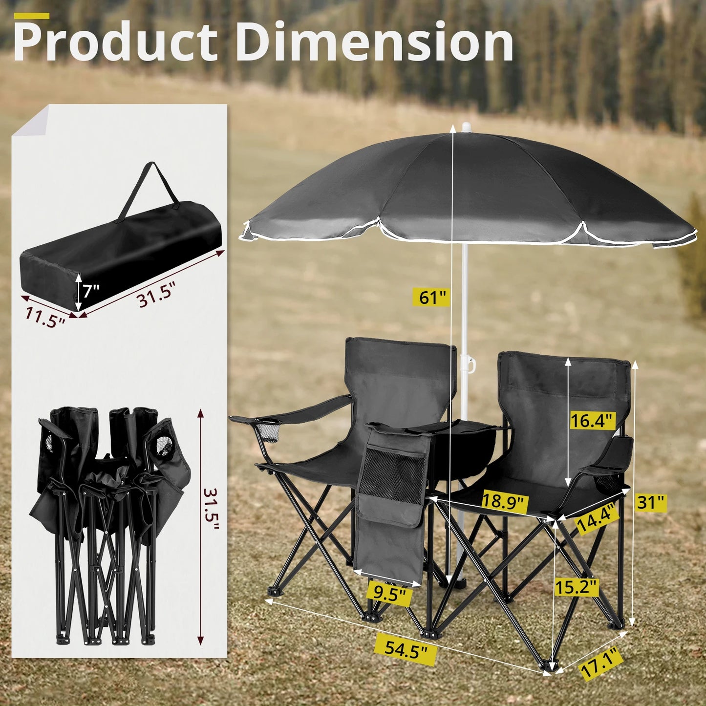 Portable Outdoor 2 Seat Folding Chair with Removable Sun Umbrella Steel Tube Oxford Fabric Heavy Duty for Fishing Black