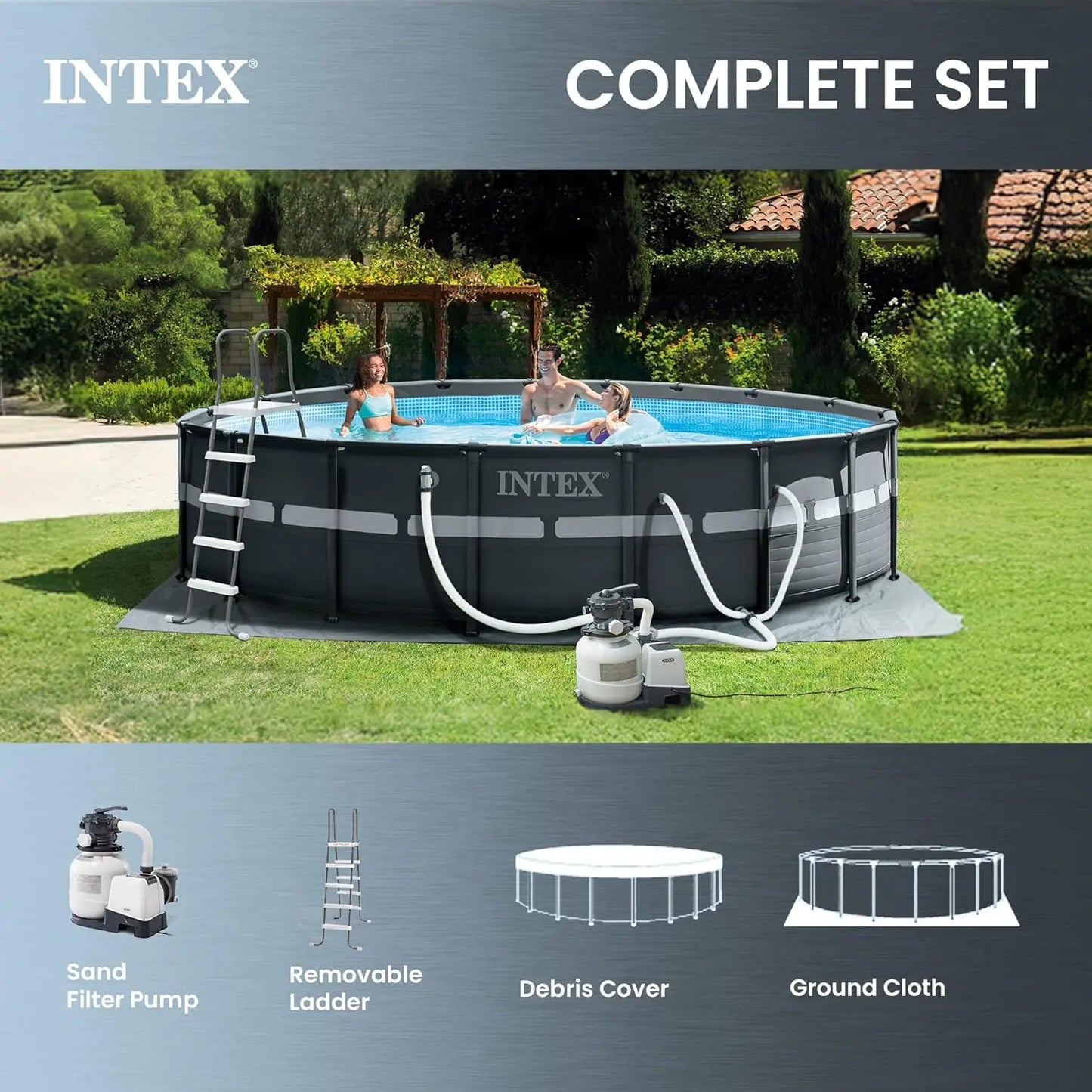 26329EH Ultra XTR 18ft x 52in Above Ground Swimming Pool Set with Sand Filter Pump and Cleaning Maintenance Kit, Custom