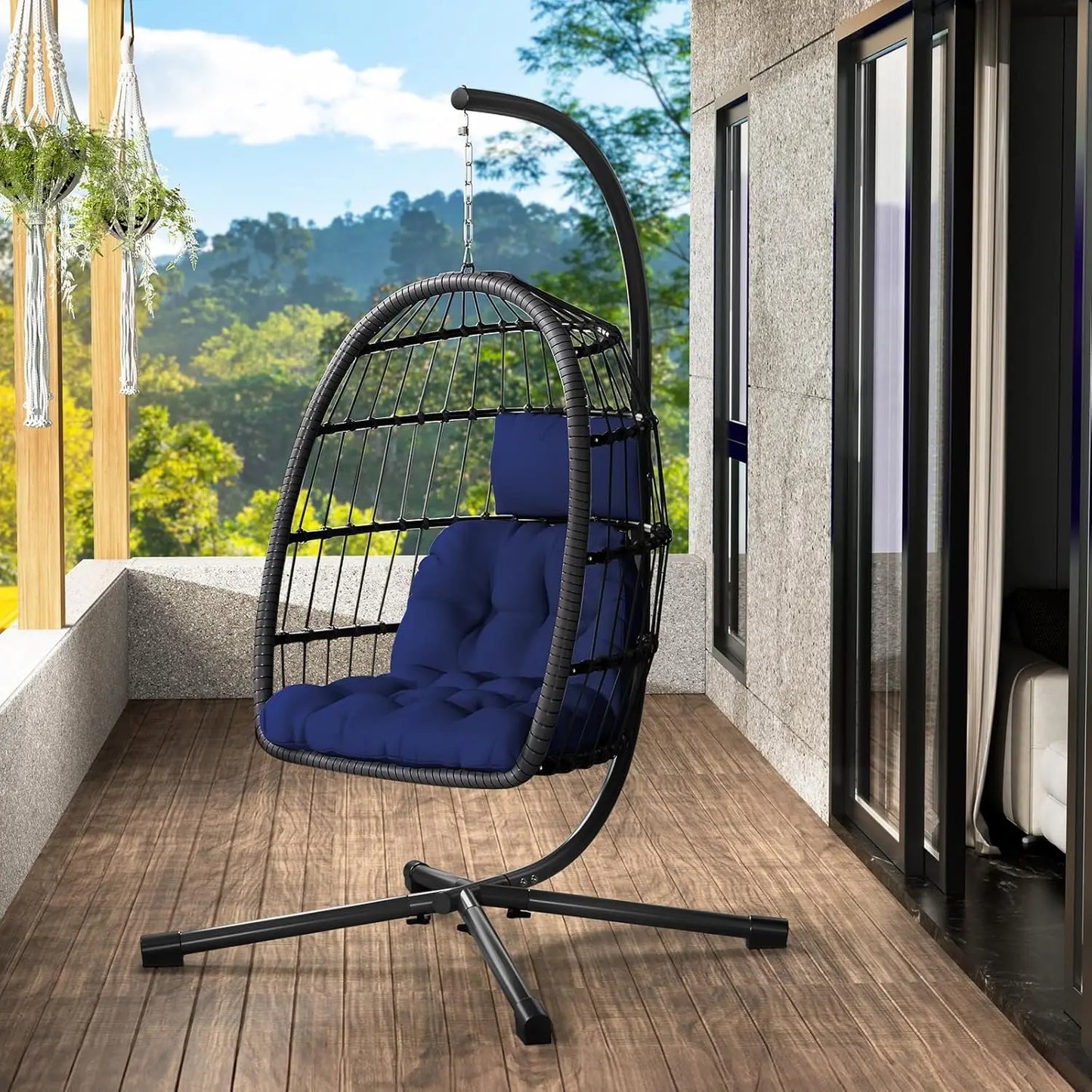 Rattan Wicker Hanging Swing Egg Chair with Stand Hammock Chair Thickened Aluminum for Porch Garden, Customized