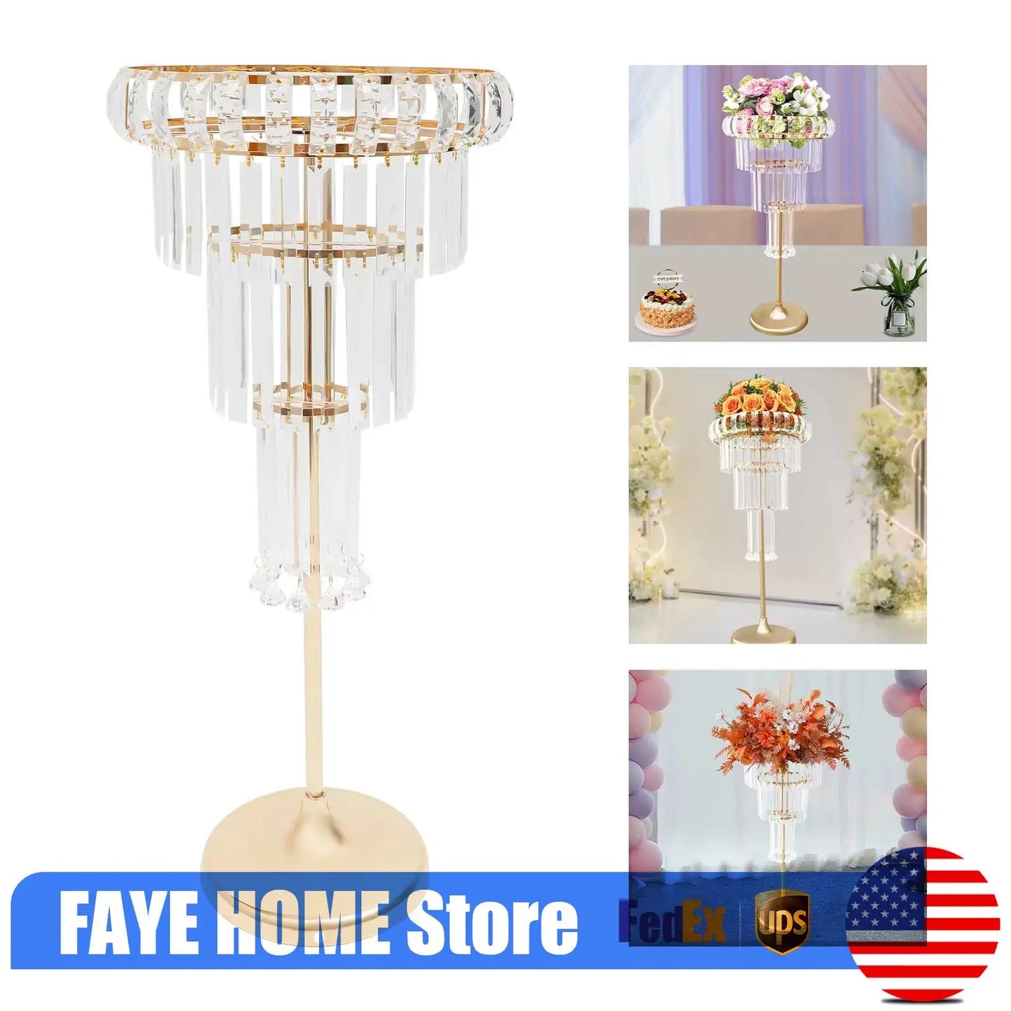 Crystal Wedding Flower Stand, 5 Tier Crystal Flower Stand with Ice Curtain and Gold Frame, Wedding Centerpiece Decor