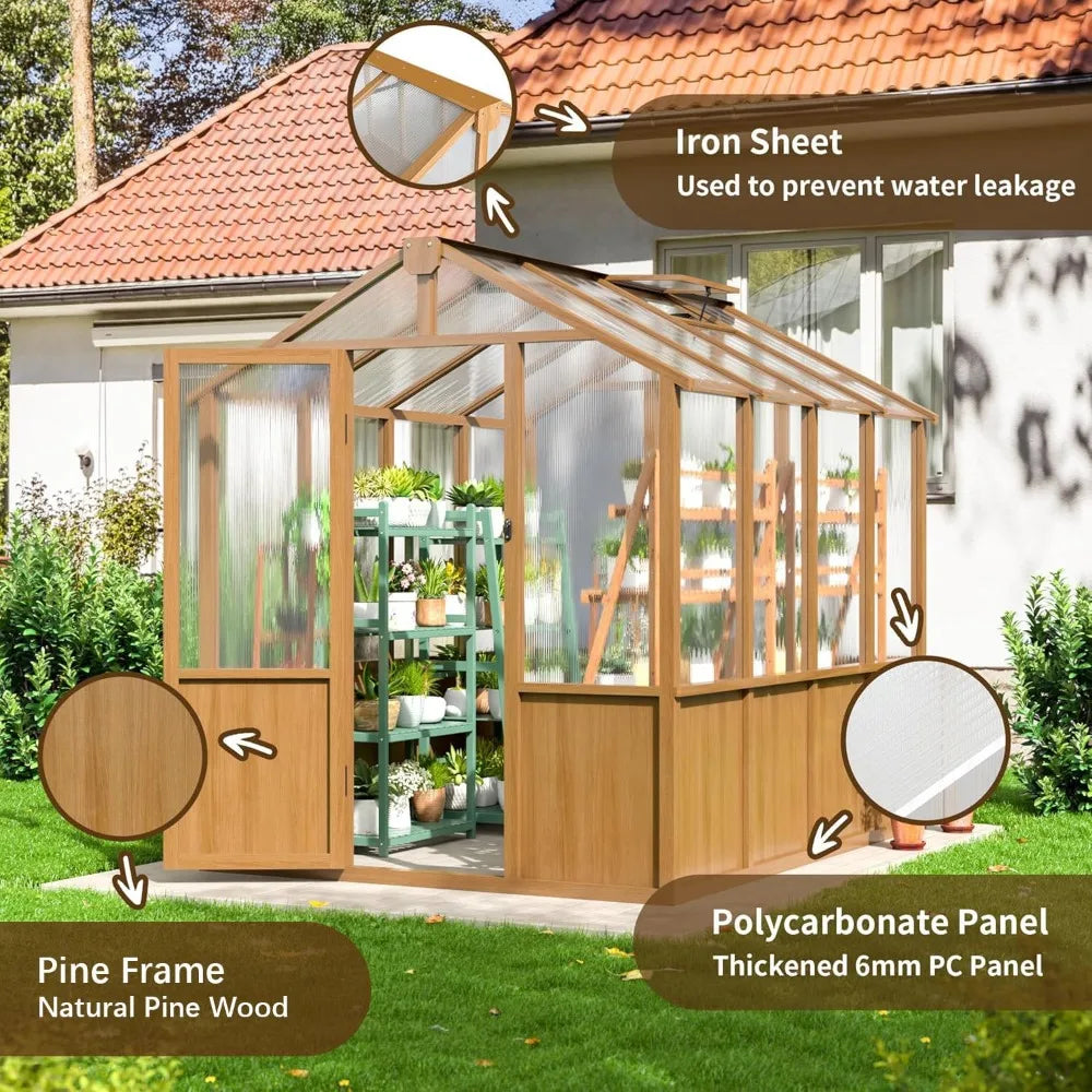 6x8FT Wood Frame Walk-in Greenhouse 6mm Twin-wall Polycarbonate Adjustable Roof Vent Garden Backyard, Custom