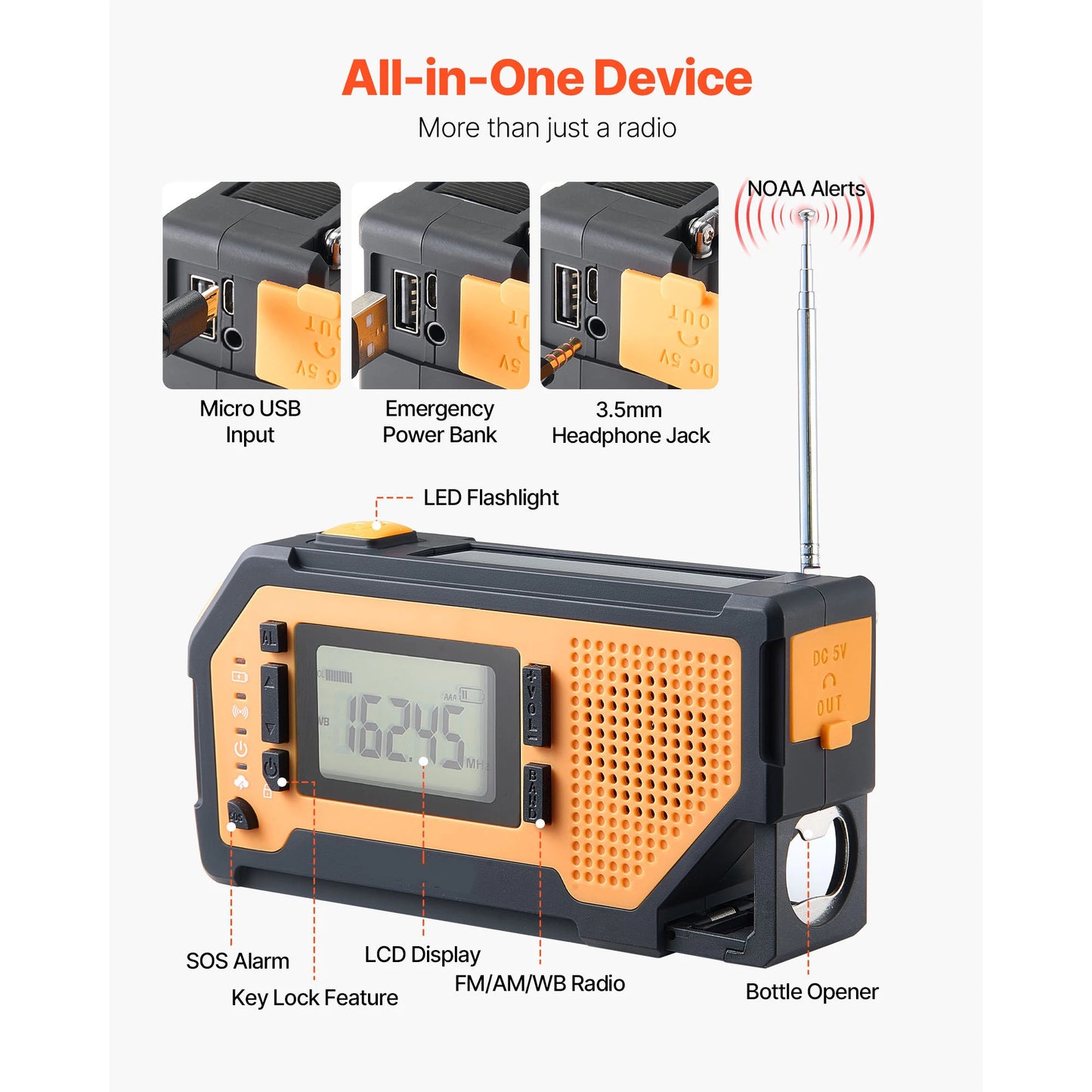 SucceBuy Emergency Weather Radio FM/AM/WB/NOAA Alert Solar Hand Crank Emergency Radio w/ USB Charging Cable SOS Alarm Flashlight