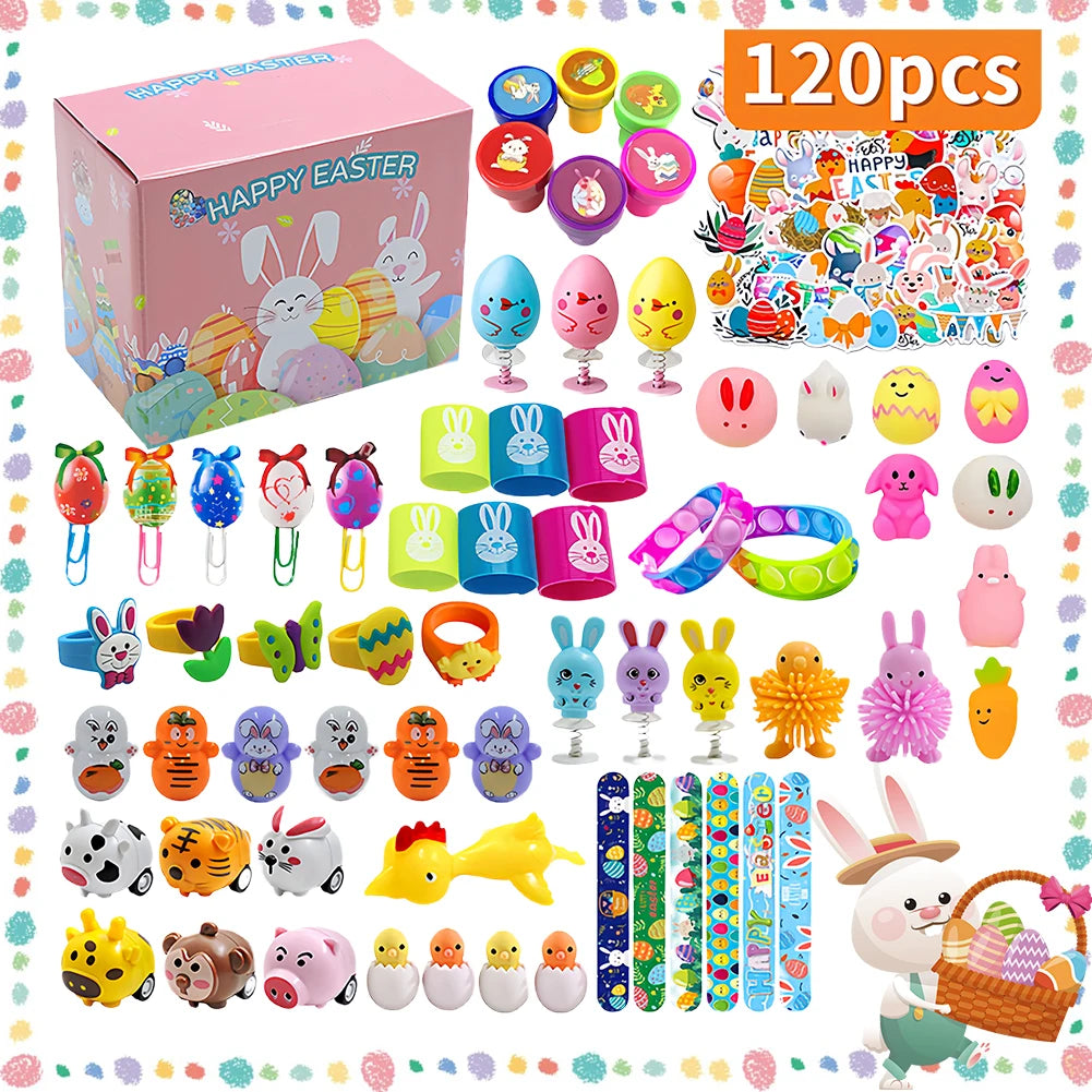 120Pcs Prefilled Easter Eggs Easter Egg Fillers with Assorted Toys Easter Basket Stuffers Easter Egg Toy for Boys Girls