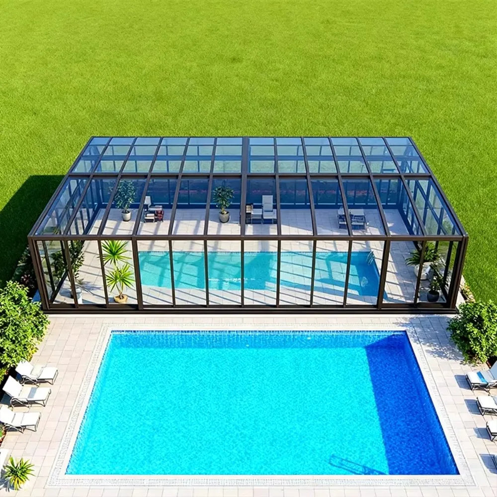 Movable Retractable Aluminum Glass Sunroom, Sliding Tempered Glass Solarium Pool Enclosure Outdoor Patio Garden Villa Sun Room