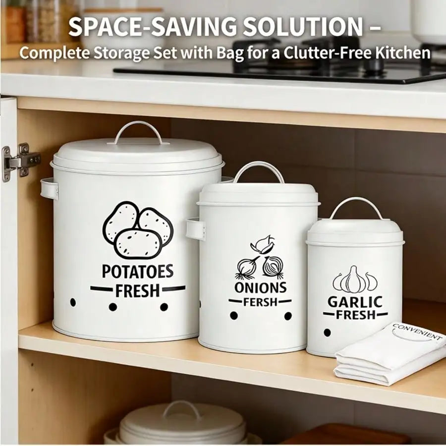 Potato Onion Garlic Storage Bin Set Farmhouse Rustic Black Metal 3-Piece Vegetable Storage Containers With Lids Aeration Holes Prevents Sprouting For Kitchen Counter Pantry Organizer Housewarming Gift Christmas Decor