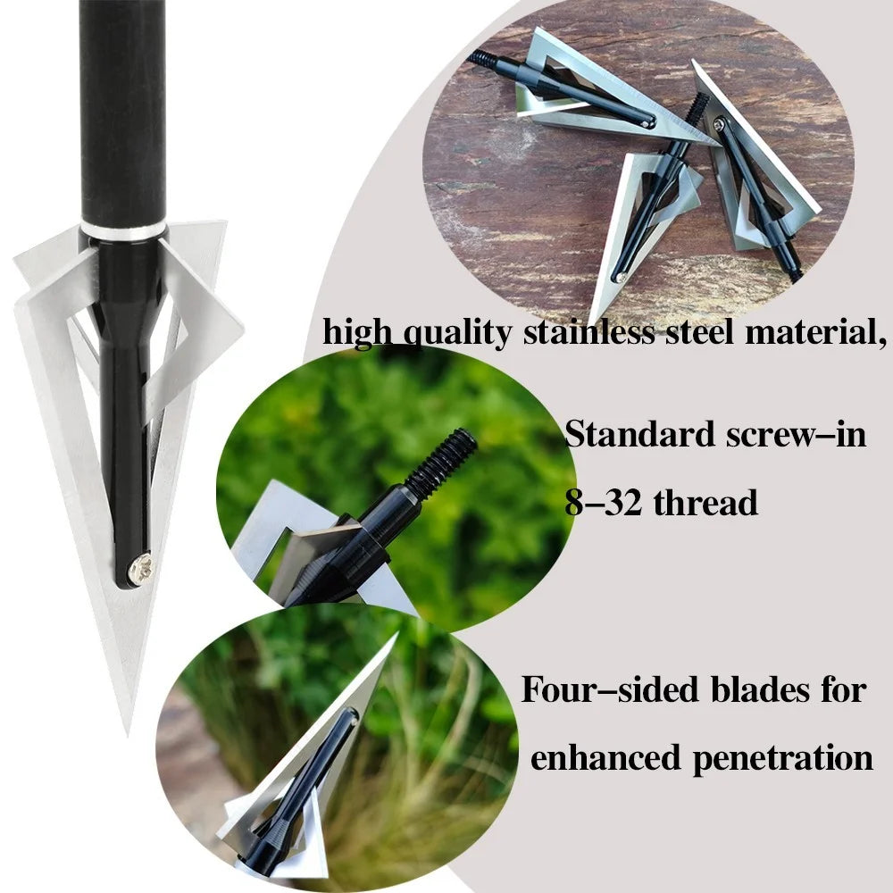 Archery Broadheads 12pcs 120grain Screw-in Aluminum Steel Arrowheads Durable Sharp Blade Tips for DIY Arrow Shaft Compound Recurve Bow Hunting Shooting Target Practice Outdoor Sports Accessories