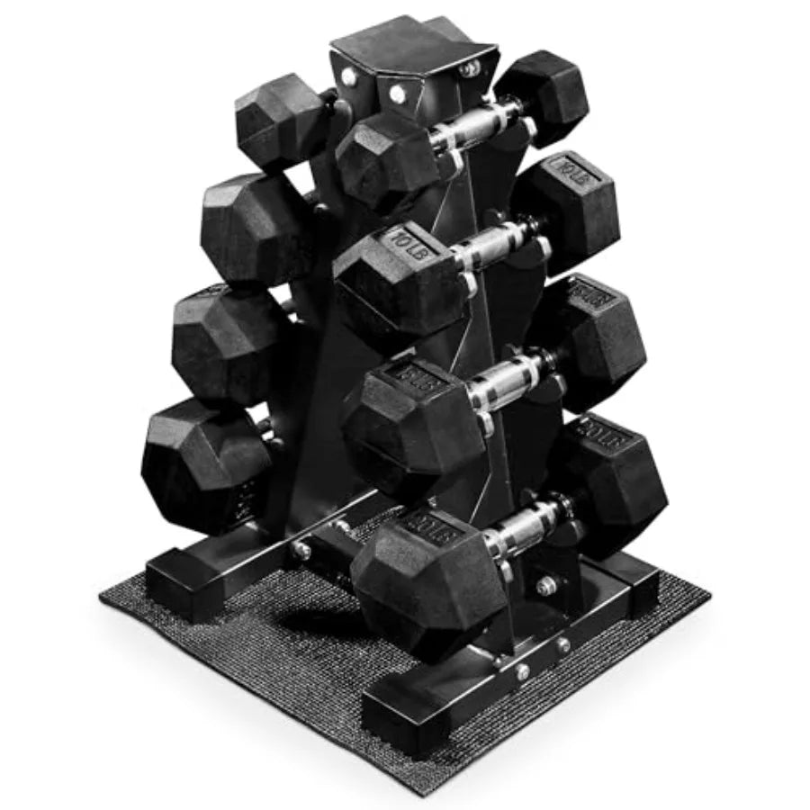 Gym rubber-coated hex dumbbell set with steel rack: 100LB/150LB or 5-20/5-25/10-30 lbs pairs, black finish, non-slip grip, spac