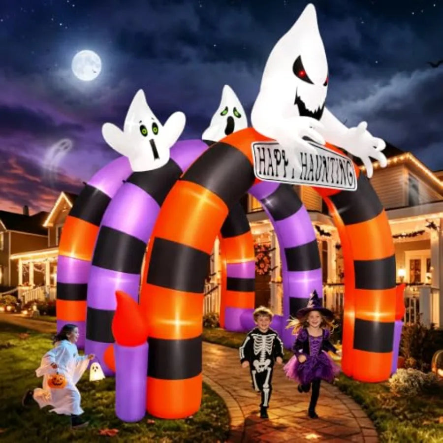 Outdoor Halloween inflatable arch tunnel with ghost design, PVC material, white color, weather-resistant and quick-setup for ya