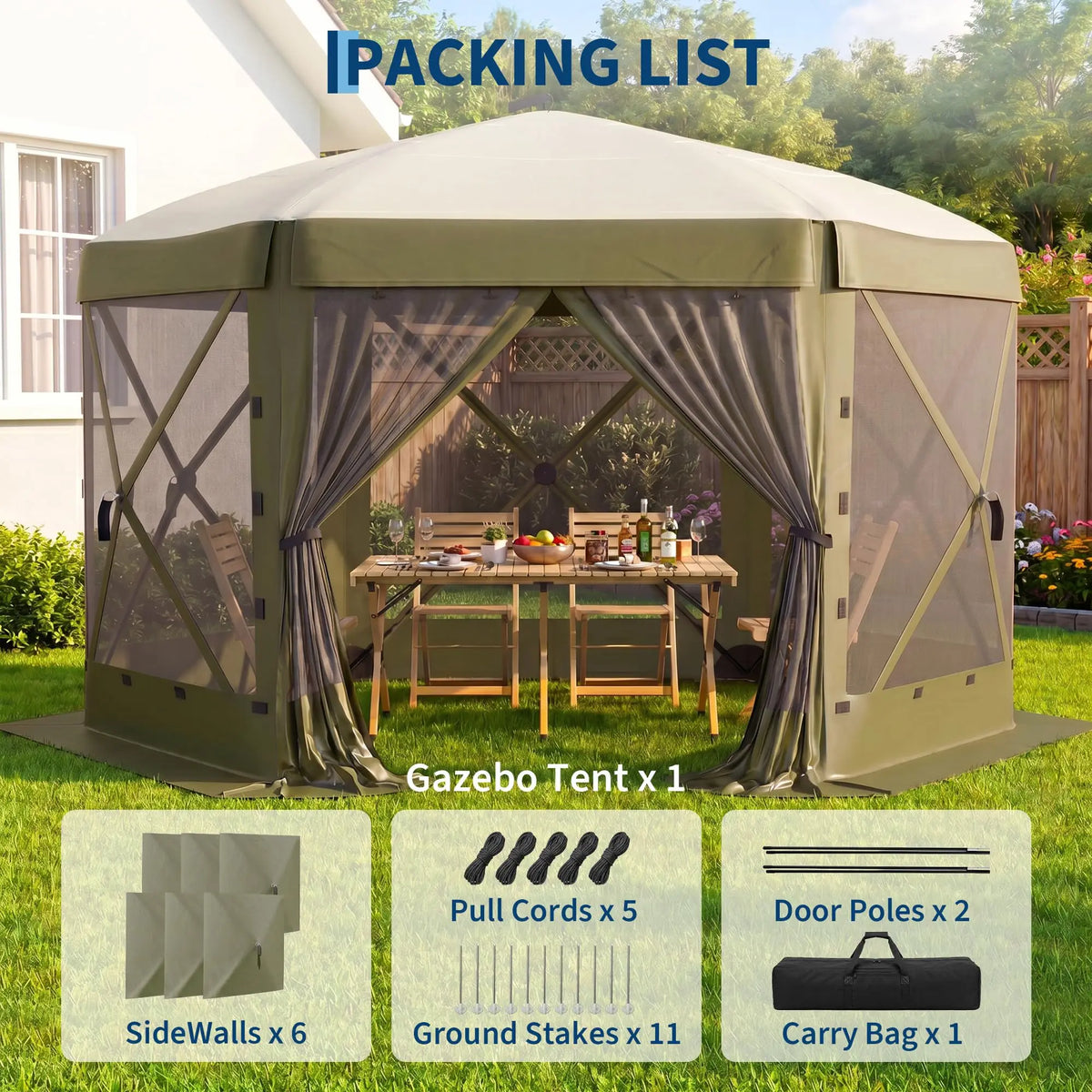 11x11FT Pop Up Gazebo Screen Tent, 6-Sided Mesh Canopy With Removable Wind Walls, One-Push Outdoor Shelter For Camping Party Patio