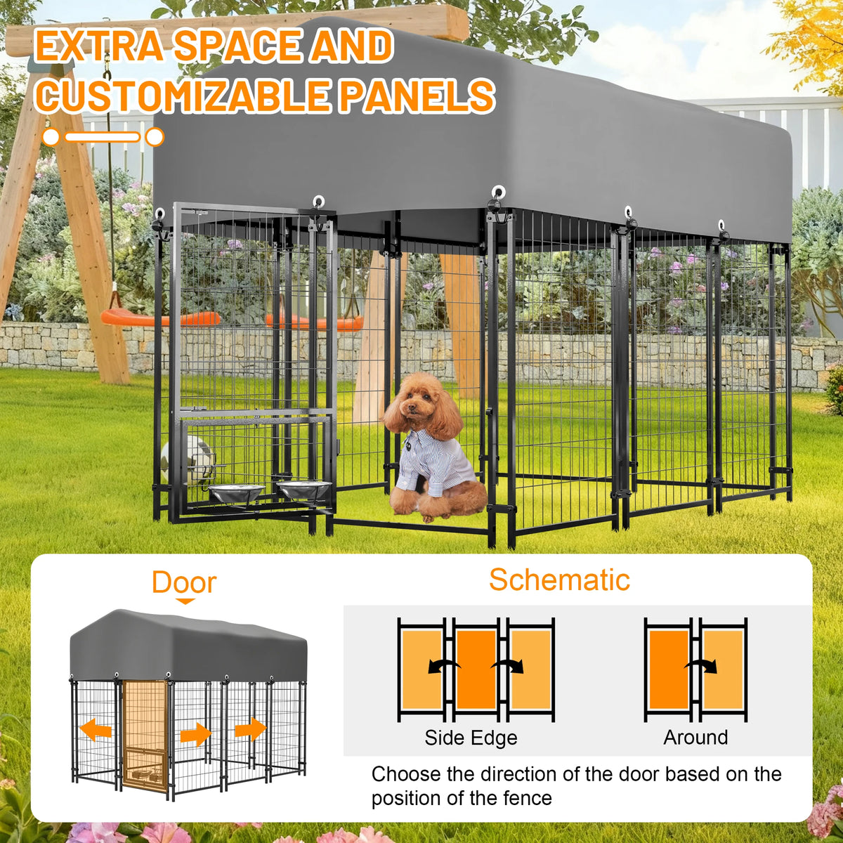 4.23x5.82x4.83 ft Heavy Duty Welded Wire Dog Kennel Outdoor Run House UV Waterproof Cover Double Lock and Rotating Feeder